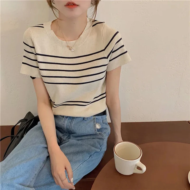 Summer Plus Size 3xl Stripe Short Sleeve Knitted Sweaters Korean Loose O-neck Streetwear Pullover Sweater Simple Women Clothing