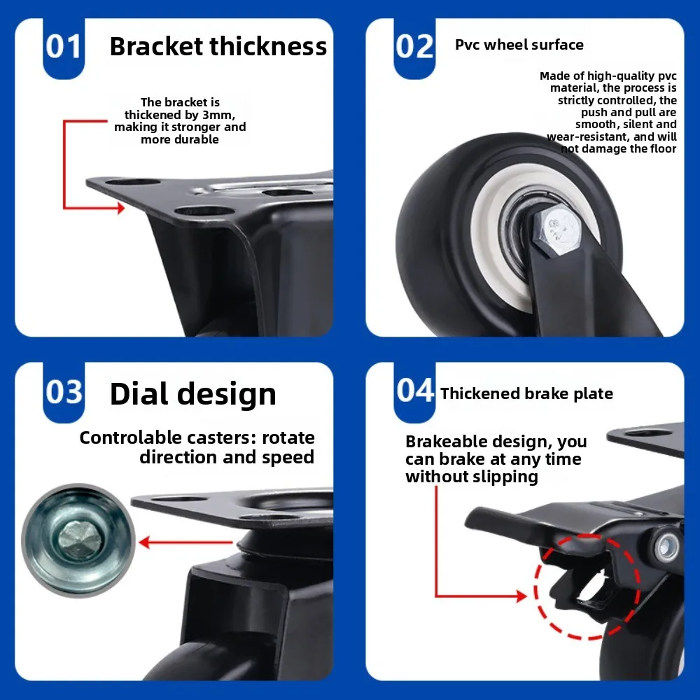 4pcs 1.5 Inches 2inch Heavy Duty 180kg Black Swivel Castor Wheels Trolley Furniture Caster Rubber Flat Brake Gold Drill Caster