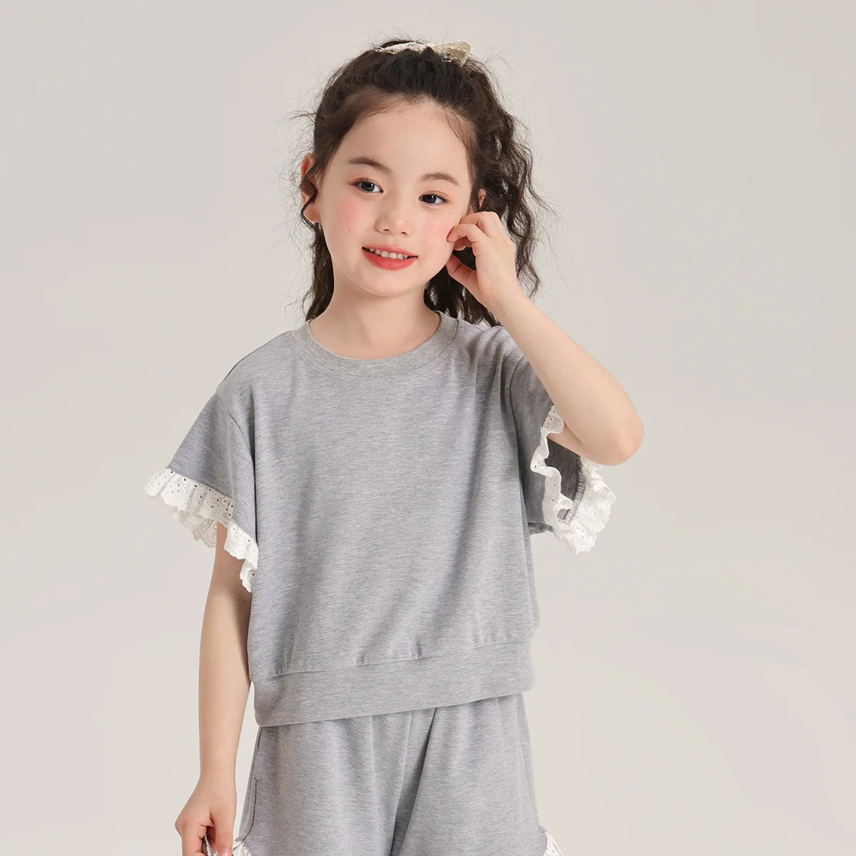 Girl Clothes Suit Summer Lace Knit Set Children Short Sleeve Shorts Set Lace Edge Cotton Skin Friendly Short Sleeve 2-piece Set