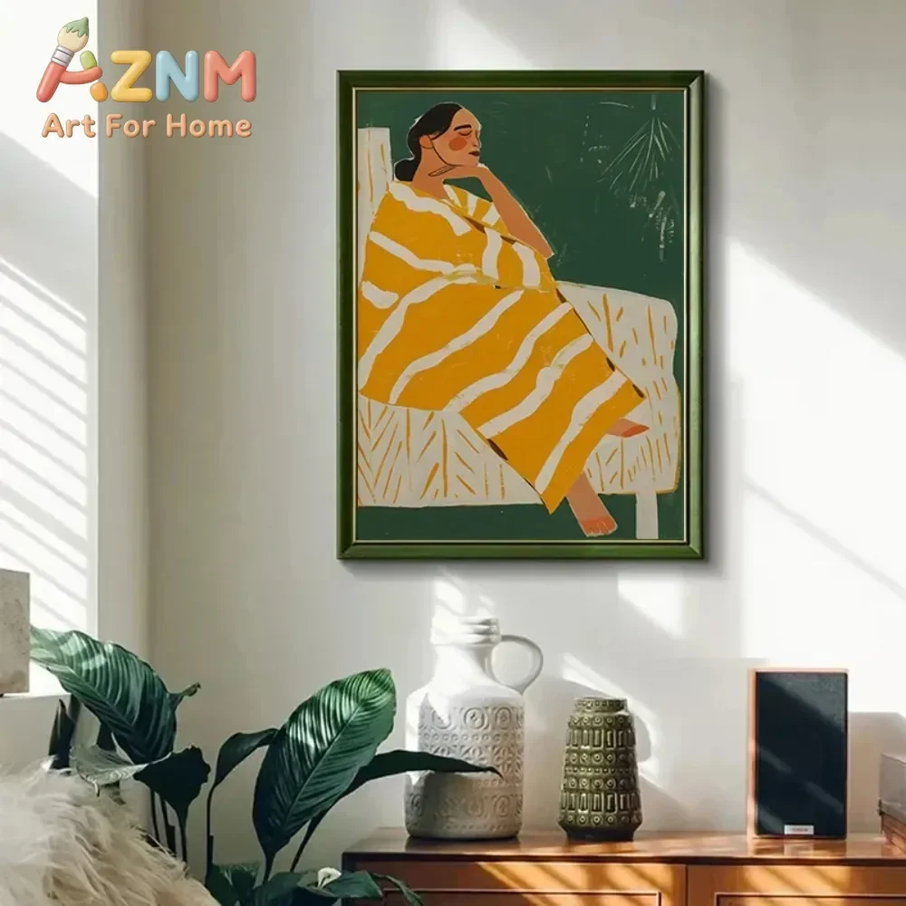 Minimalist Emerald Green Abstract Stripe Woman Drinking Coffee work Poster Canvas Painting Wall Home Decor