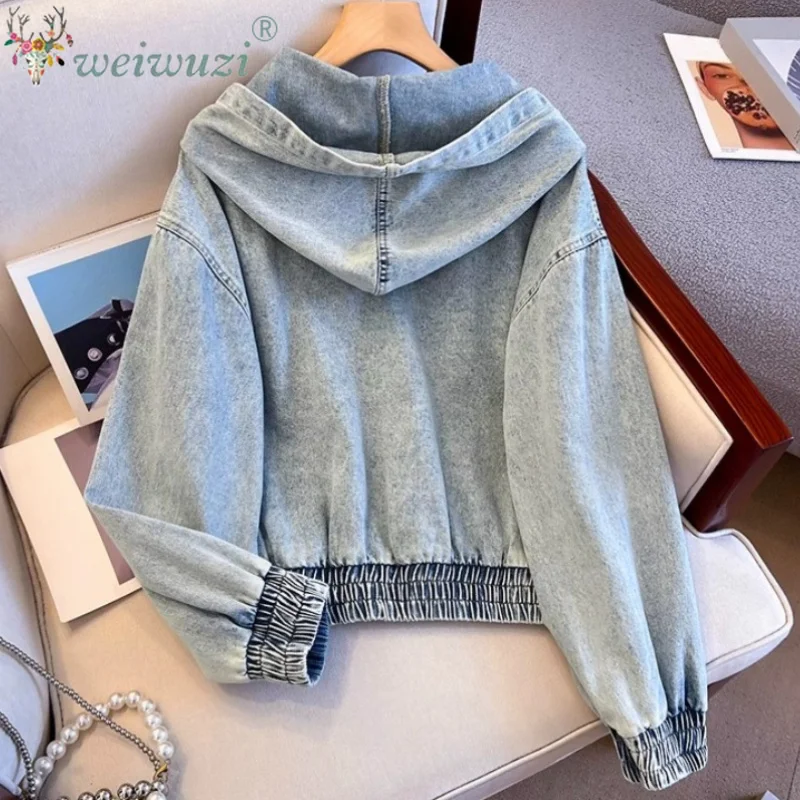 Vintage Washed Hooded Denim Jacket Women's Spring Autumn Long Sleeve Loose Korean Style Fashion Streetwear Button Up Short Coats