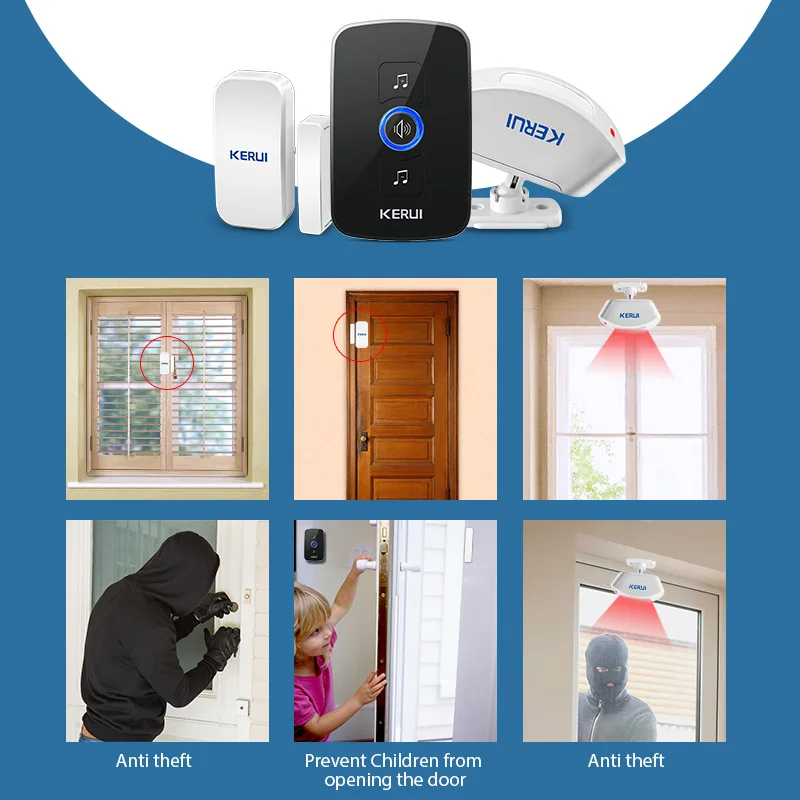 KERUI แหวนไร้สาย Doorbell กันน้ําประตูเบลล์แบตเตอรี่ 500ft รีโมทไร้สาย 32 Chimes 433MHZ กลางแจ้ง