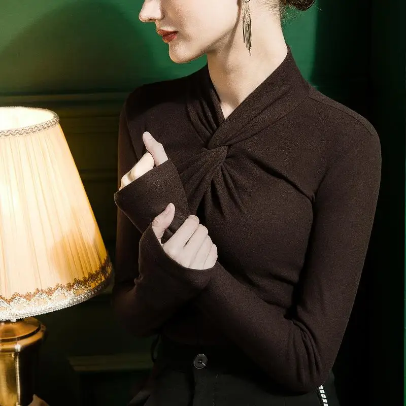 

Женская теплая базовая рубашка с воротником-шарфом, утепленная, в стиле принцессы, с длинным рукавом, кружевной топ, однотонная, без бренда, зарегистрированная торговая марка.