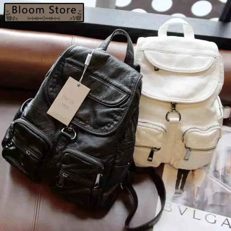 

Soft Leather Zipper Pockets Schoolbags All Match Girls Vintage Y2k Aesthetic Handbags Simple Fashion Chic Casual Women Backpacks
