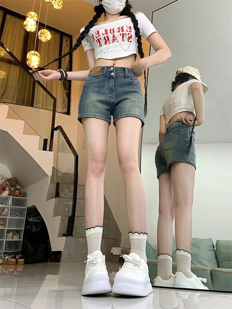 

Джинсовые орты в стиле ретро, женские осенние большие размеры, скрытые толстые грушевидные шорты трапециевидной формы, свободные джинсы с высокой талией и прямыми штанинами