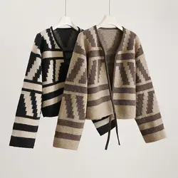 Women Clothing Autumn Winter Vintage Luxury Chic Cardigan Geometric Jacquard V Neck Knitted Sweater Long Sleeve Loose Outerwears