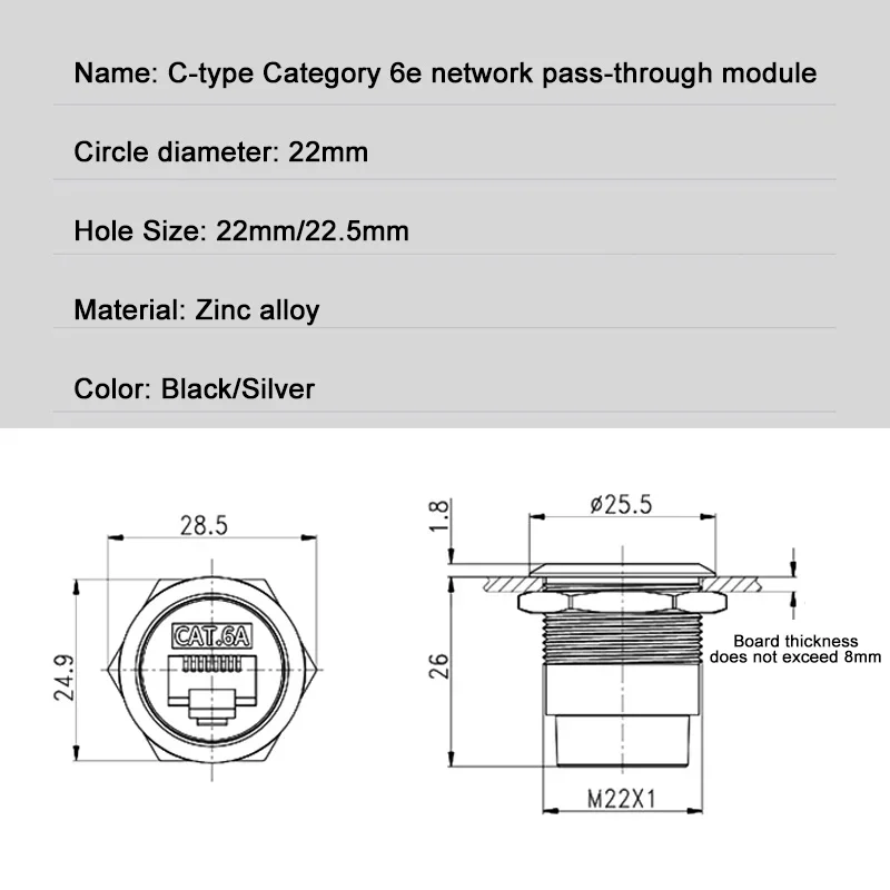 CAT6A Network RJ45 Direct Module Socket C-type Cat 6A Ethernet Interface Data Signal Connector Metal RJ45 Round Panel Sockets