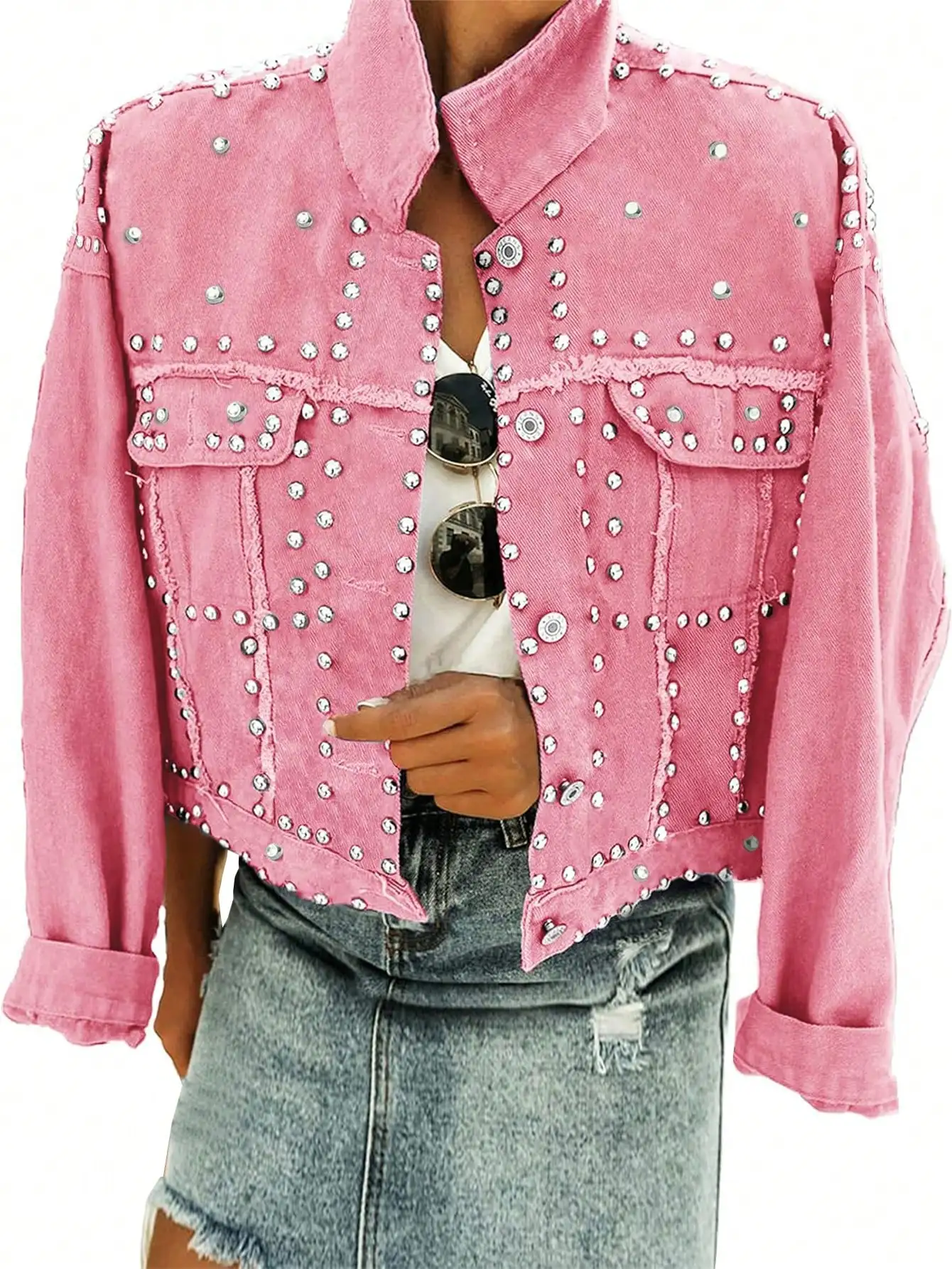 

Pink Cropped Denim Jacket with Silver Studs and Distressed Hem