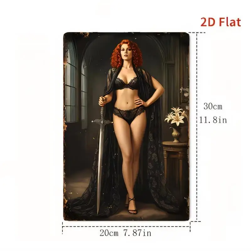 2D Flat Vintage Metal Tin Sign, Retro Gothic Red - Haired Woman w/ Sword, Black Lingerie & Lily, 20x30cm Iron Wall Art for Bedro