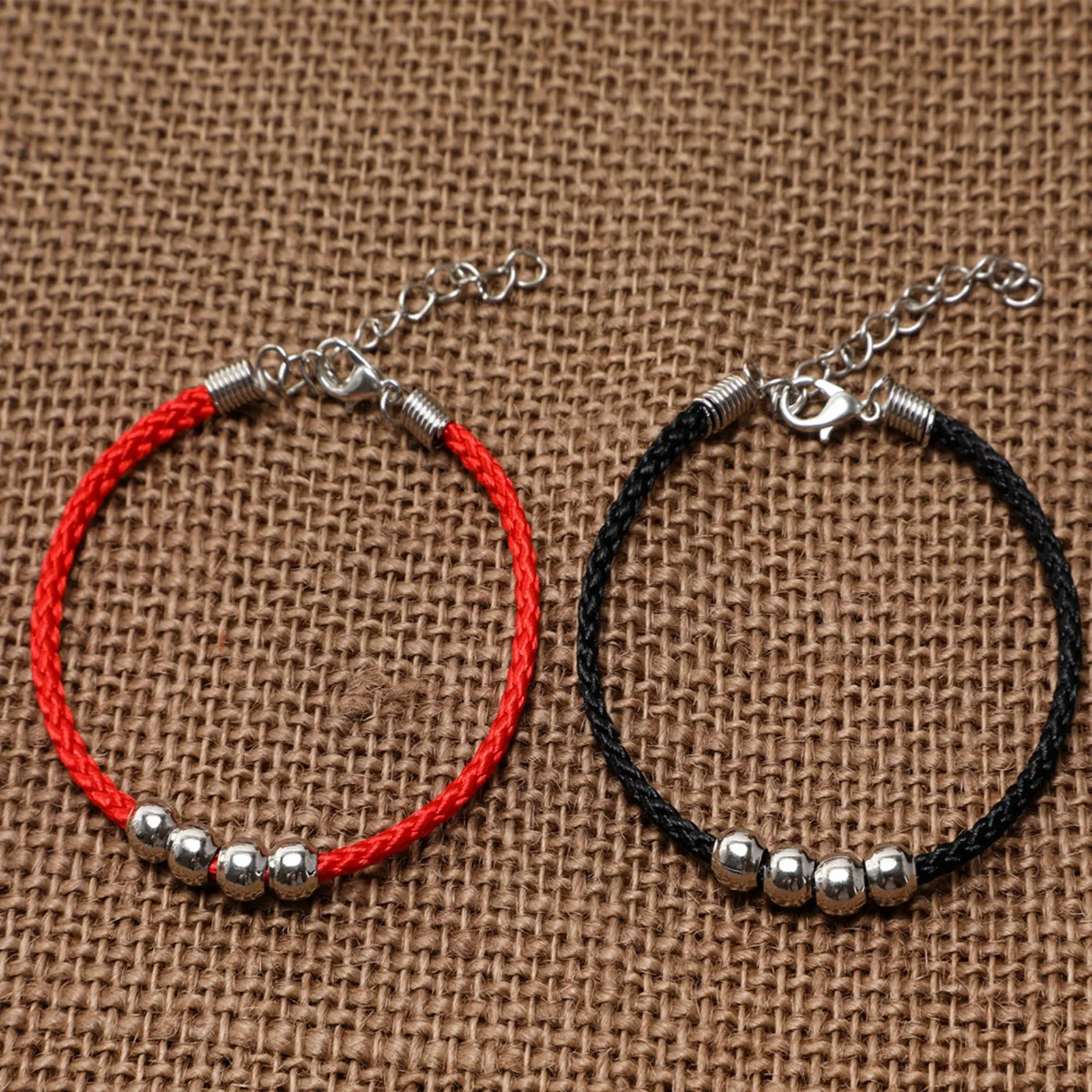 20 RED/Black Braided String with Silver Colour  Ball Feng Shui Lucky Bracelets 18.5cm