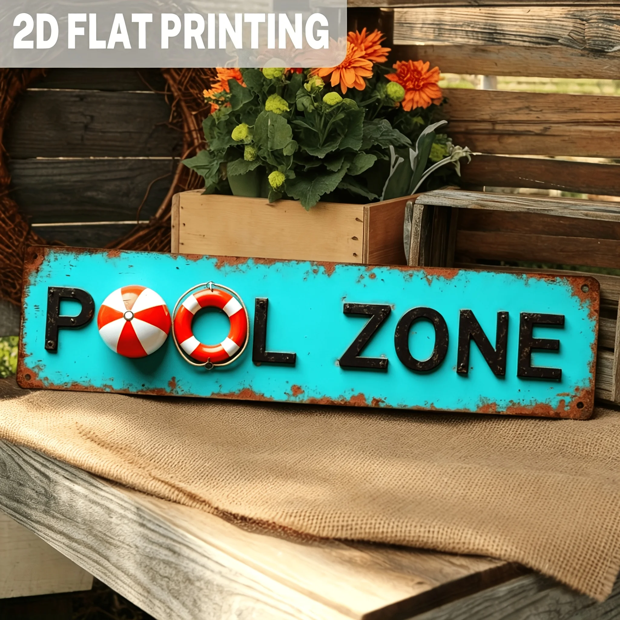2D Retro Metal Wall Sign, Turquoise Red Lifebuoy, Rustic Poolside Decor, Large Flat Sign for Beach House, Game Room, Man Cave, E