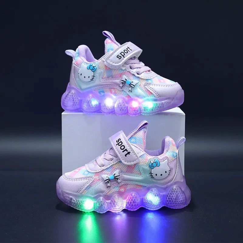 Led Lights Kids Children Shoes Girls Sneaker Mesh Hello Kitty Pink Casual Sports Running Shoes For Cute Girl