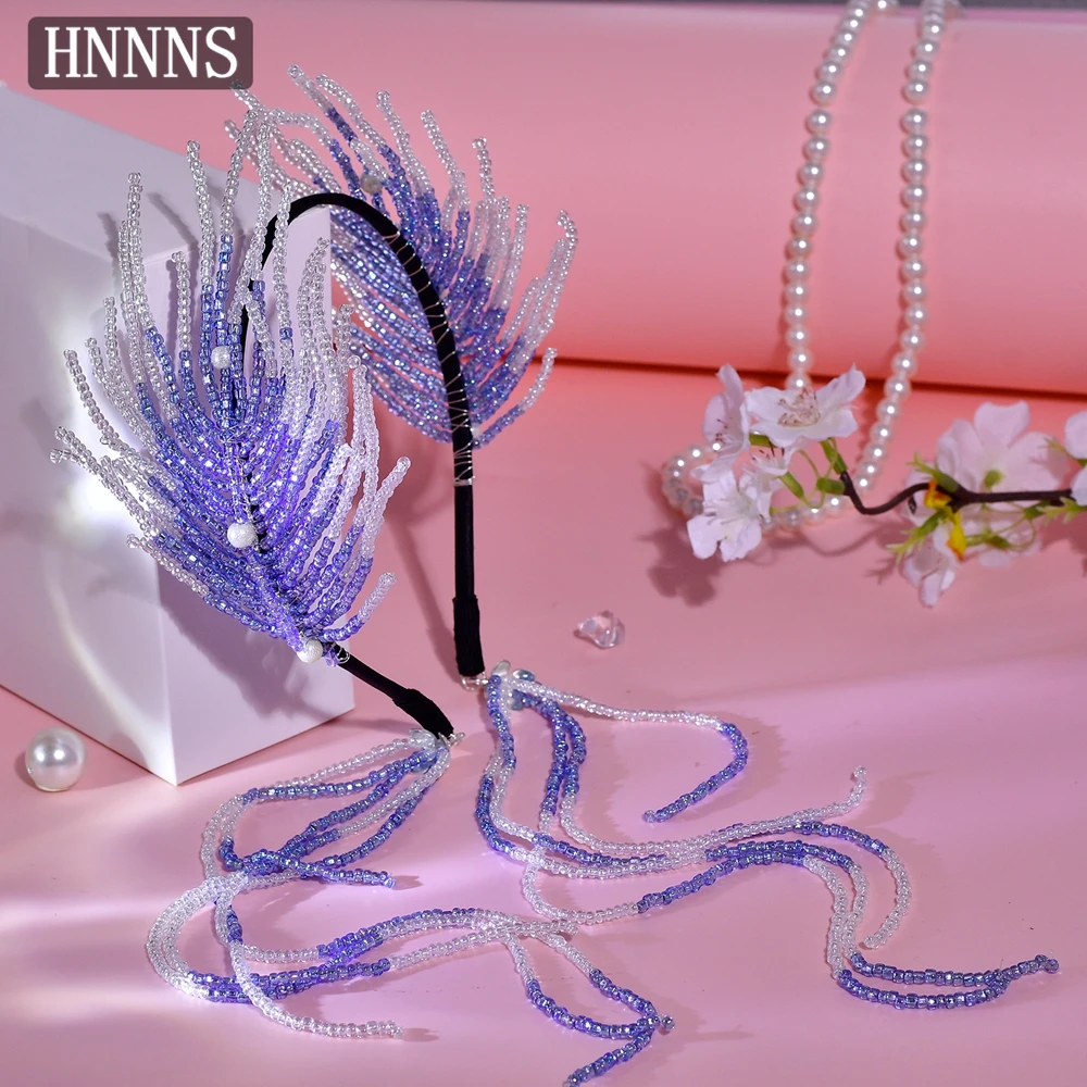 

HNNNS Crystal Headband Fashion Long Tassel Hair Accessories Unique Design Blue Headwear Party Headpiece Wedding Hair Jewelry A70