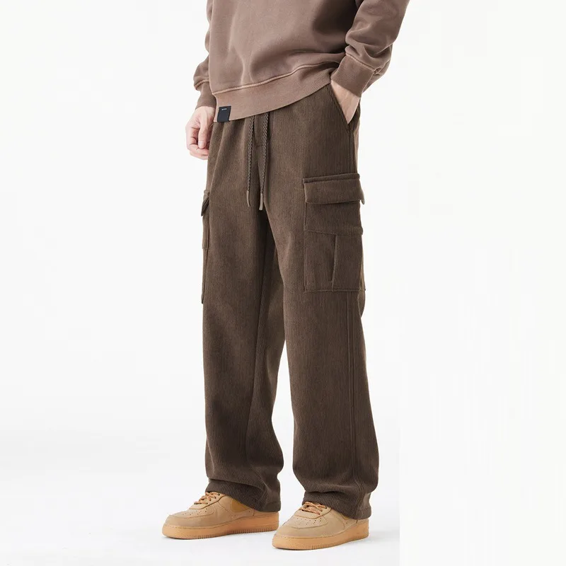 KIDWHXR Winter Man Corduroy Pants Multi-pocket Men Thicken Fleece Trousers Outdoor Casual Loose Straight Male Cargo Pants