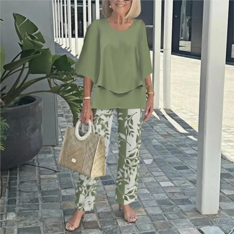 

2025 Summer Women's New 2 piece Sets Round Neck Middle Sleeve Print Pants Suits Casual Loose Irregular Top Elegant Female Office