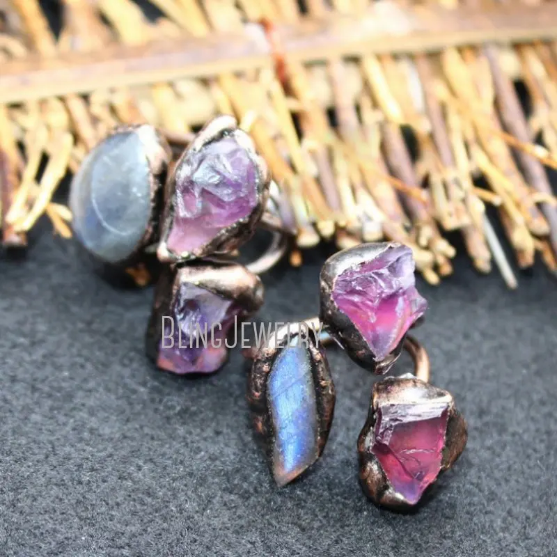 

RM43017 Witch Jewelry Raw Labradorite And Amethyst Ring Electroformed Adjustable Free Form Wicca