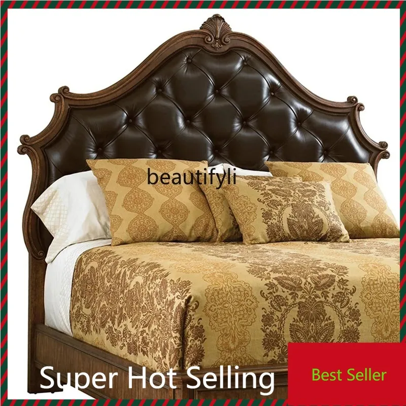 QQ132 American-Style Solid Wood Carved Double Bed Villa Furniture 1.8 M Luxury Bed in Master Bedroom Cowhide Master Bed