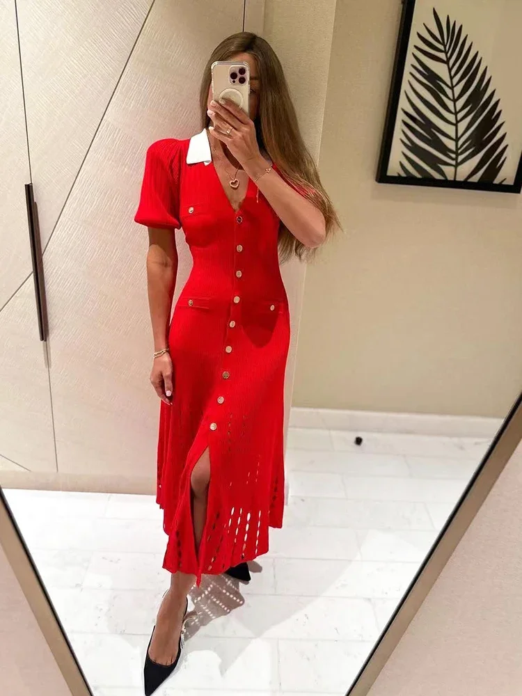 Foridol Red Knitted Polo Dress Autumn Winter Women Dress Casual Elegant Maxi A-line Hollow Out  Dress Slim Christmas Party