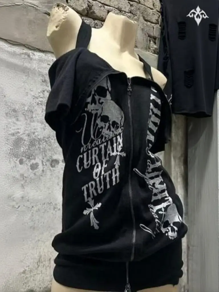 Gothic Punk Off-Shoulder T-Shirts für Damen, Streetwear mit Totenkopf-Print, Reißverschluss, Kurzarm, Y2K, Buchstaben-Grafik, schwarzes T-Shirt, lässiges Oberteil