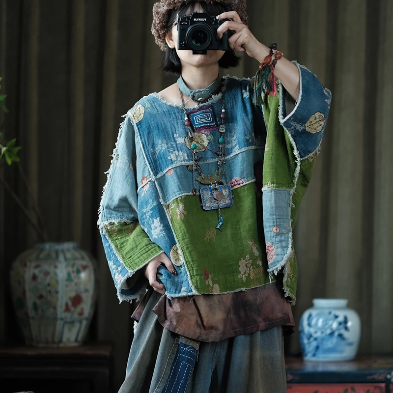 100% Cotton Women Casual T-shirts New 2026 Autumn Vintage Patchwork Floral Print Loose Female Long Sleeve Tops Tees M2985