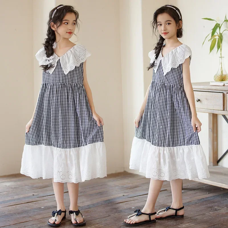 

Girls Black White Gingham Sleeveless Dress Kids Sweet Lace Collar Eyelet Ruffle Hem Princess Dress Children Summer Party Outfit