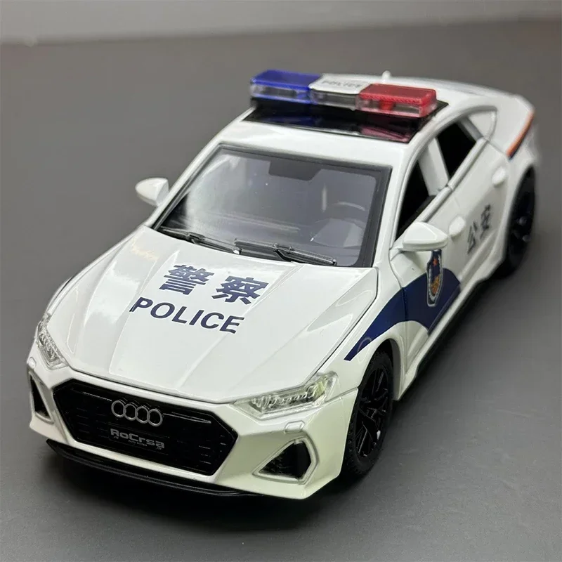 Modelo de coche de policía Audi RS7, simulación 1:32, con luz de sonido, vehículos de juguete fundidos a presión, regalo para niño en miniatura Voiture