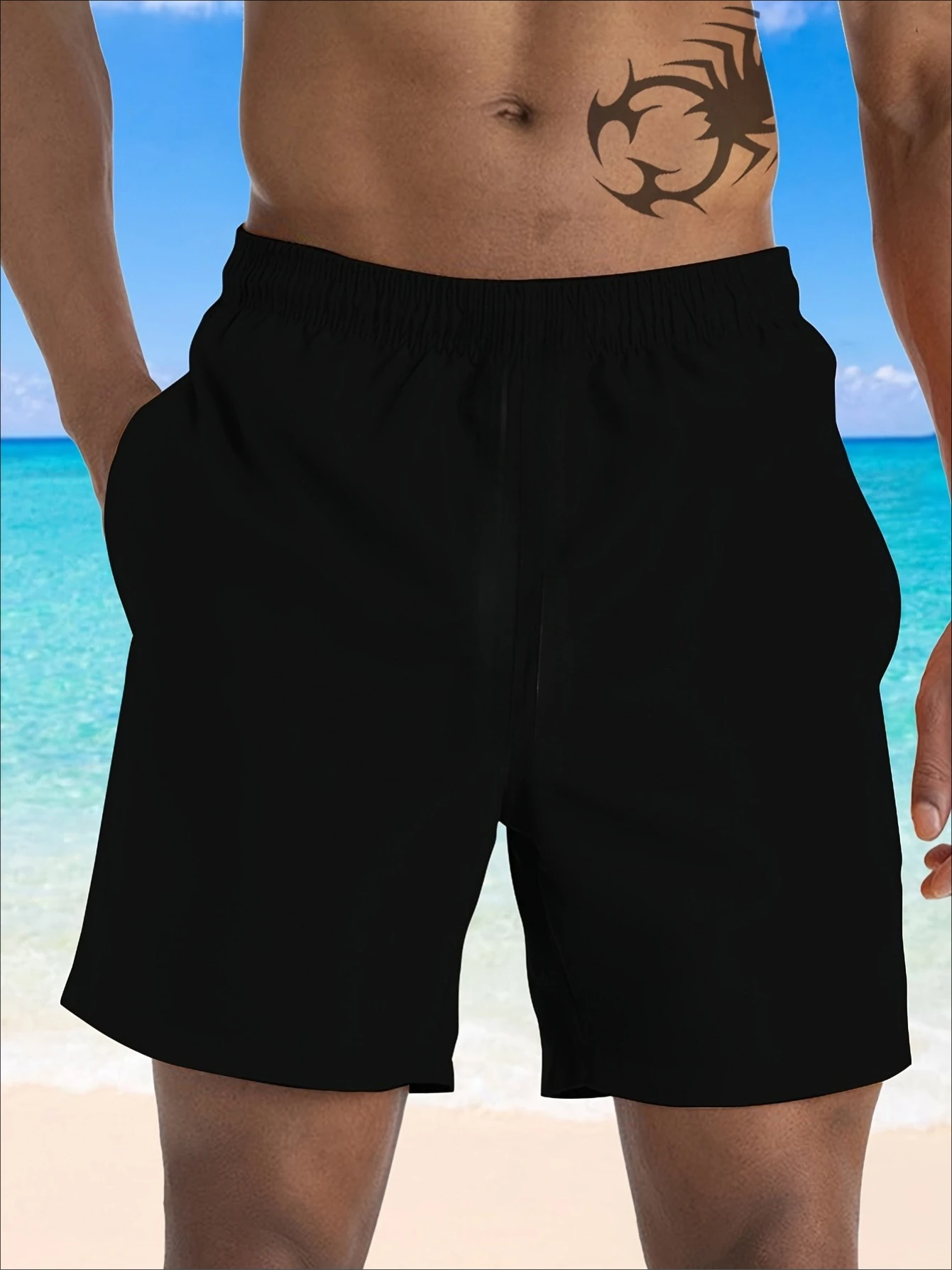 

Men's Plus Size Casual Beach Shorts - Black with Adjustable Drawstring Waist & Pockets, Non-Stretch Fabric, Random Print Design