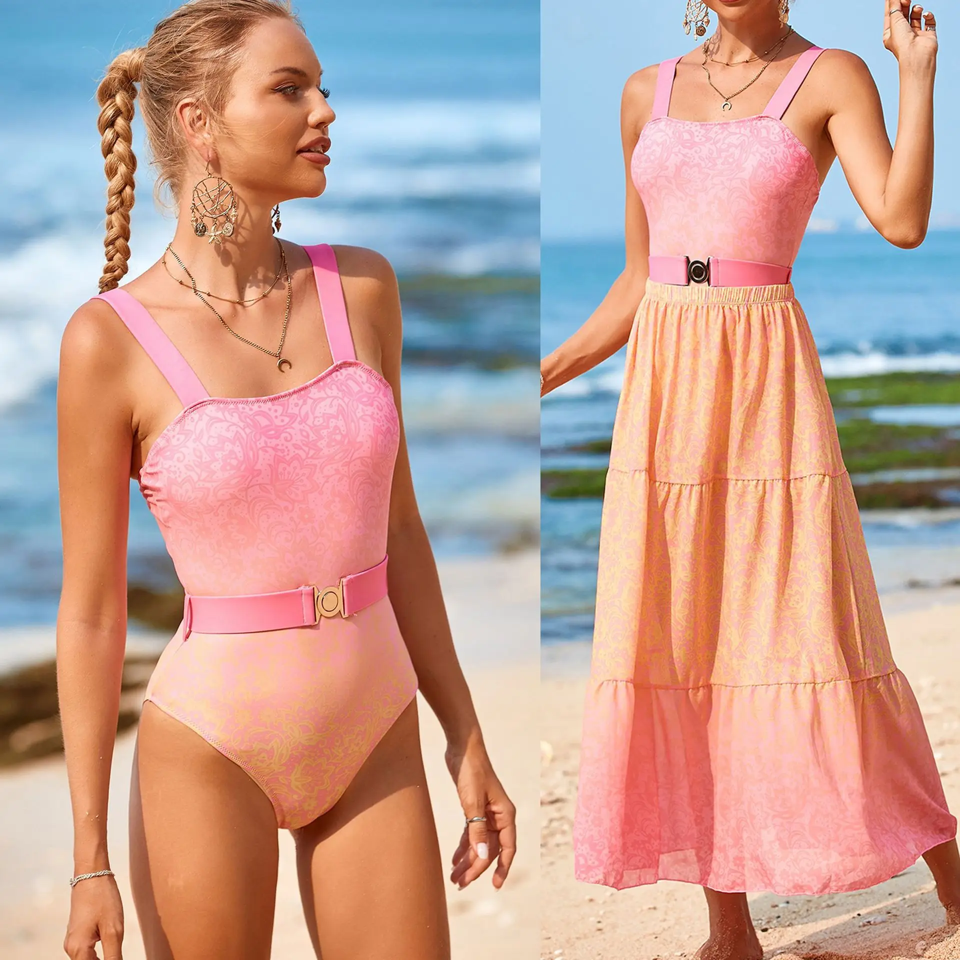 

New European and American One-piece Fixed-edition Swimsuit Printed Beach Skirt Two-piece Swimsuit