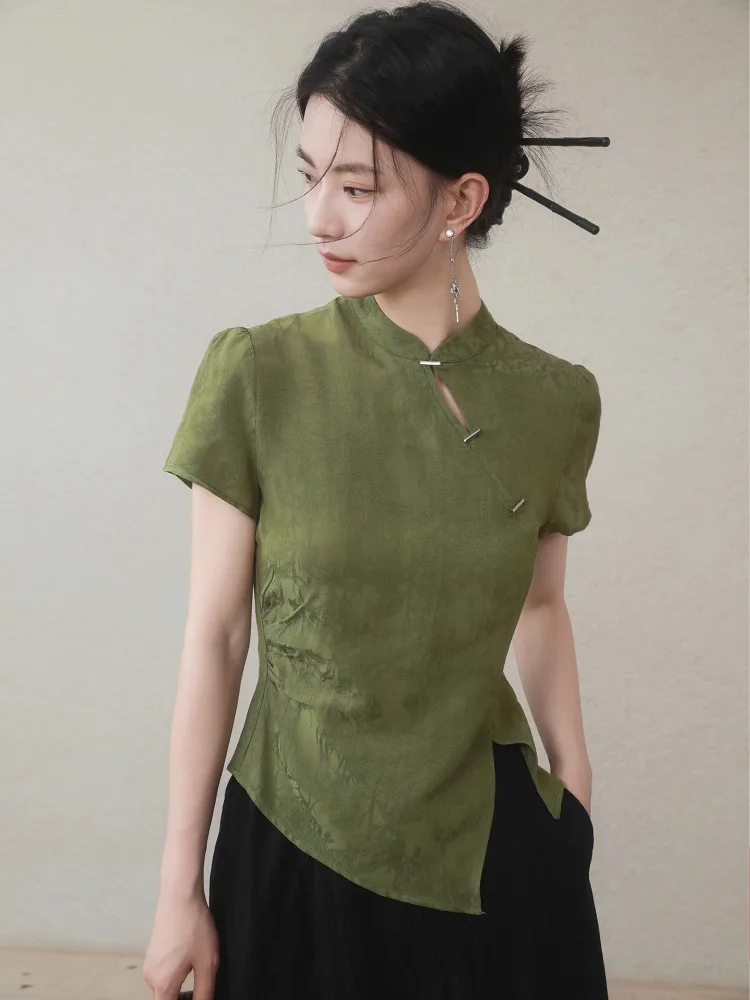 

New Summer INGKO irt round Ne ort Sve Slim Fit een Plum Tea Color Chinese Sle Top Women's Faion Busin Casual