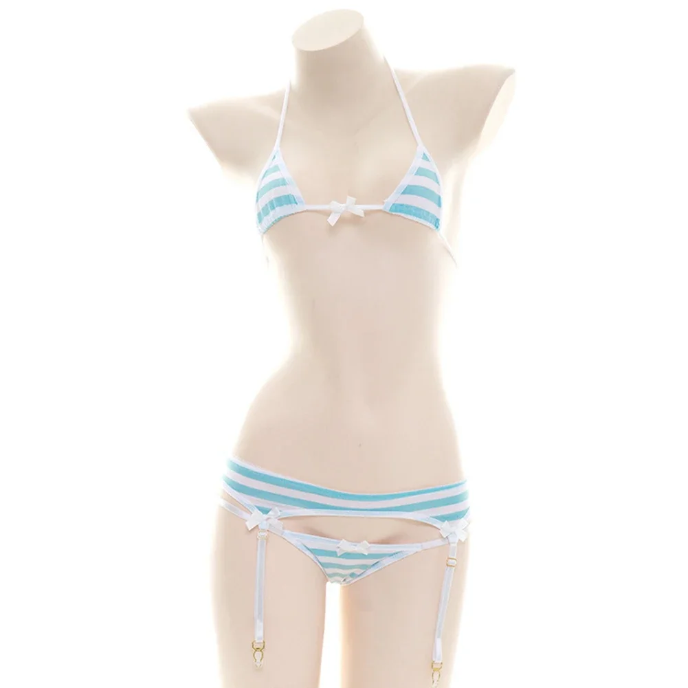 Sexy Bikini Set Women Underwear Pink Blue Stripe Cute Lingerie Micro-Bikinis Swimwear Japanese Schoolgirl Anime Cosplay Costume