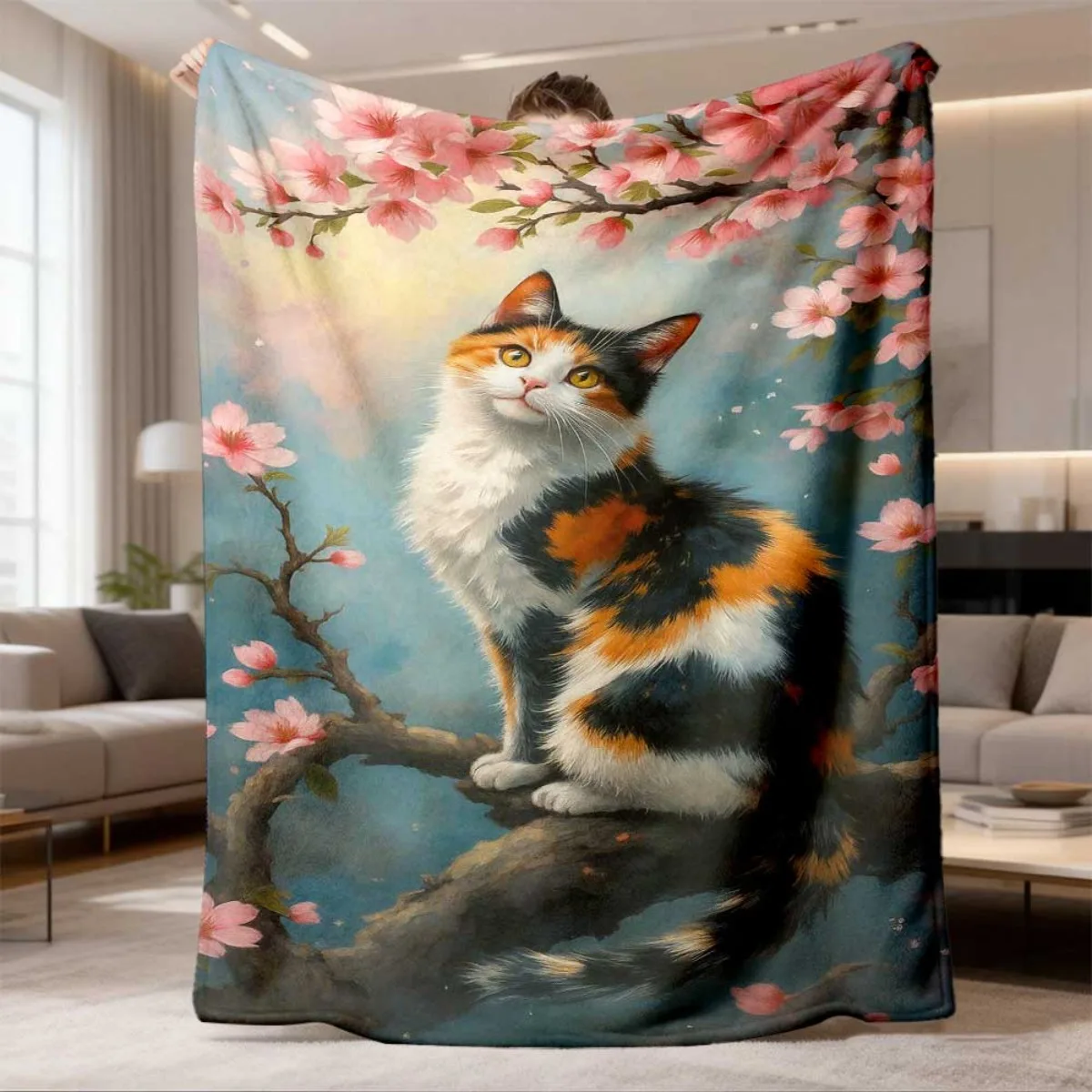 Vintage Calico Cat On Cherry Branch Flannel Blanket Lightweight Warm Plush Throw Blanket Decorative Blanket for Bedroom