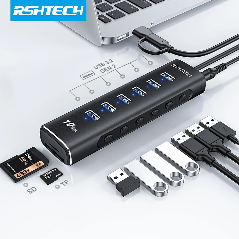 RSHTECH USB Hub 10Gbps Aluminum USB C Extension Hub Splitter with SD/TF Card Reader for Macbook Laptop PC Computer Accessories