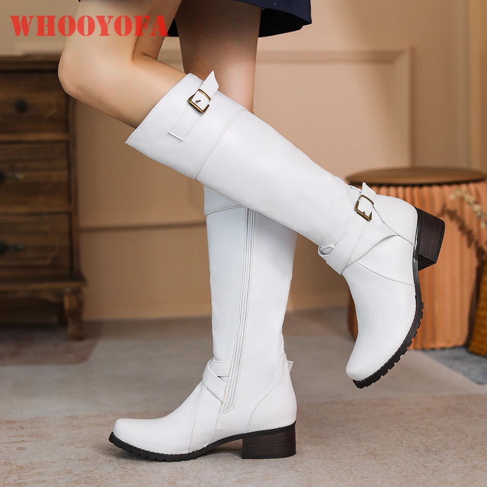 

New Winter Elegant White Black Women Knee High Boots Med Block Heels Lady Casual Shoes Plus Small Big Size 10 33 40 45