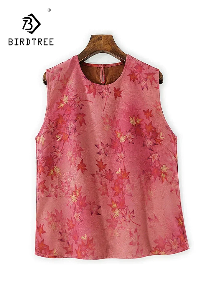 

BirdTree-Watered Gauze Silk Elegant Vest, O Neck Leaf Jacquard, Women Retro Commute Loose Tank Top, 2026 Spring New T5D359CC