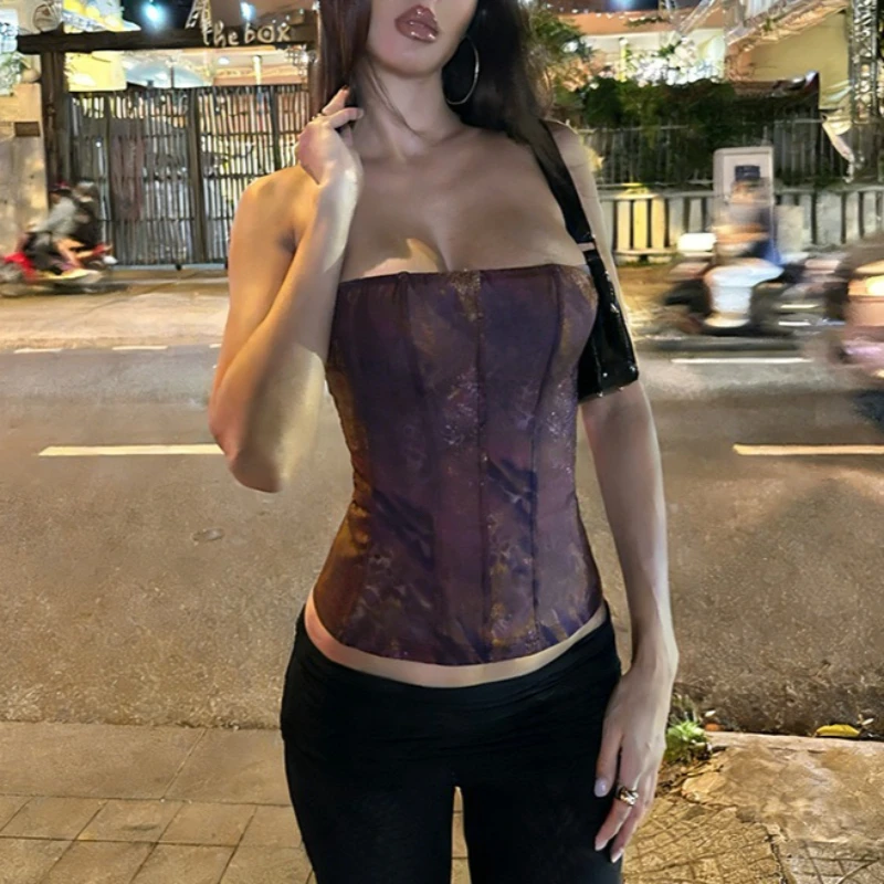 

Tsiisd Women's Print Strapless Corset Top Slim Sexy Backless Vintage Chic Party Streetwear Casual Crop Top InnerY2k Tank Women
