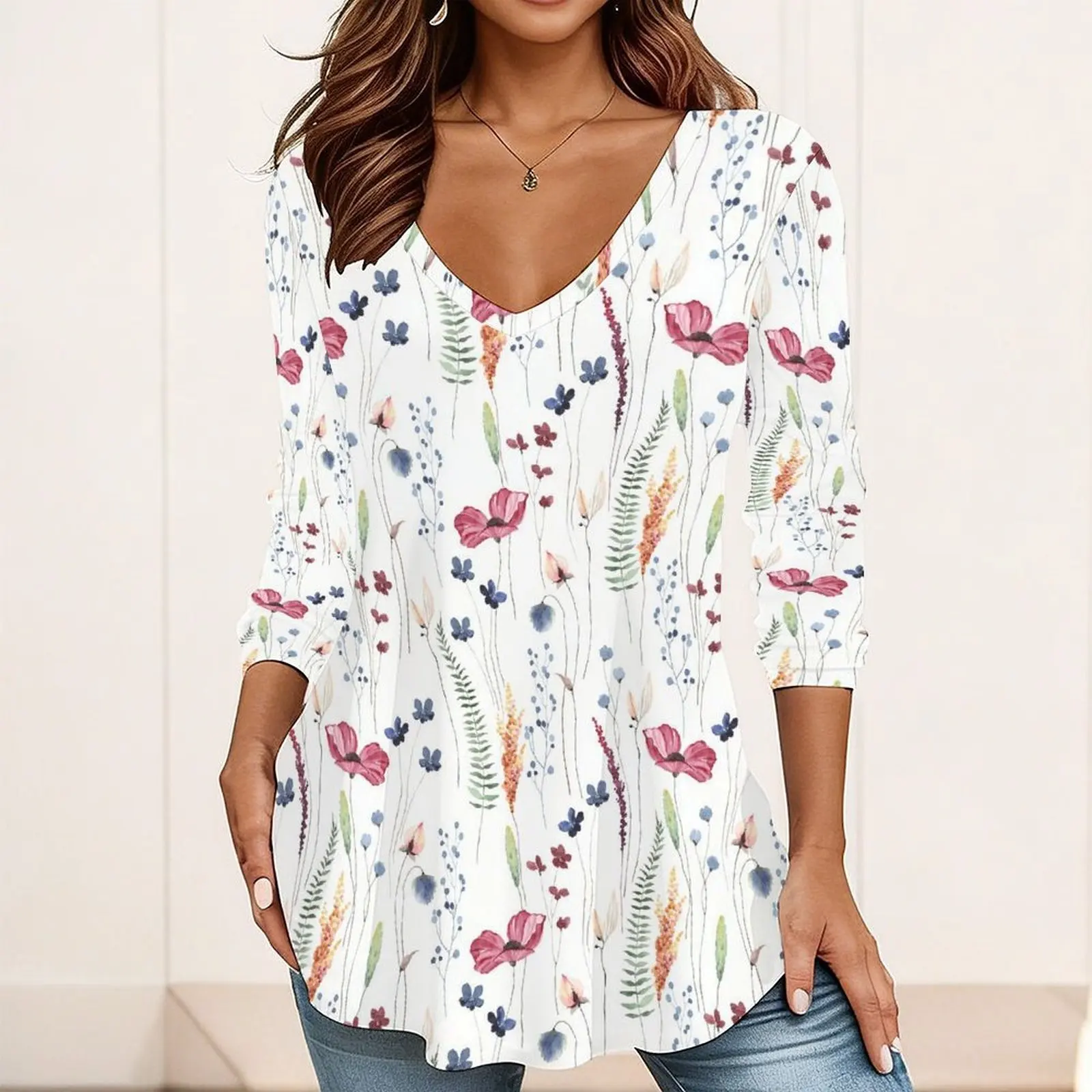 Women V Neck Three Quarter Sleeve Tunic Top Print Loose Fit Blouse With Pockets Bohemian Casual Ladies Tops