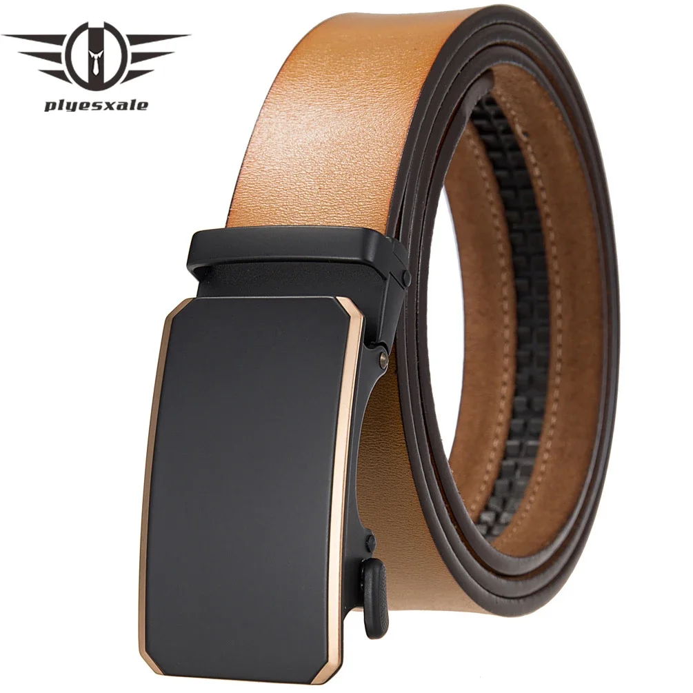 Plyesxale Automatic Buckle Belts For Men Luxury Designer Brand Red Brown Genuine Leather Belt Male Fashion Ceinture Homme B984