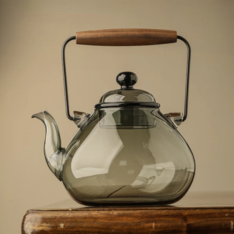 Glass Boiling Kettle with Anti-Hot Wooden Handle, Electric Teapots, High Temperature Resistance, Heat Resistance, Heatable