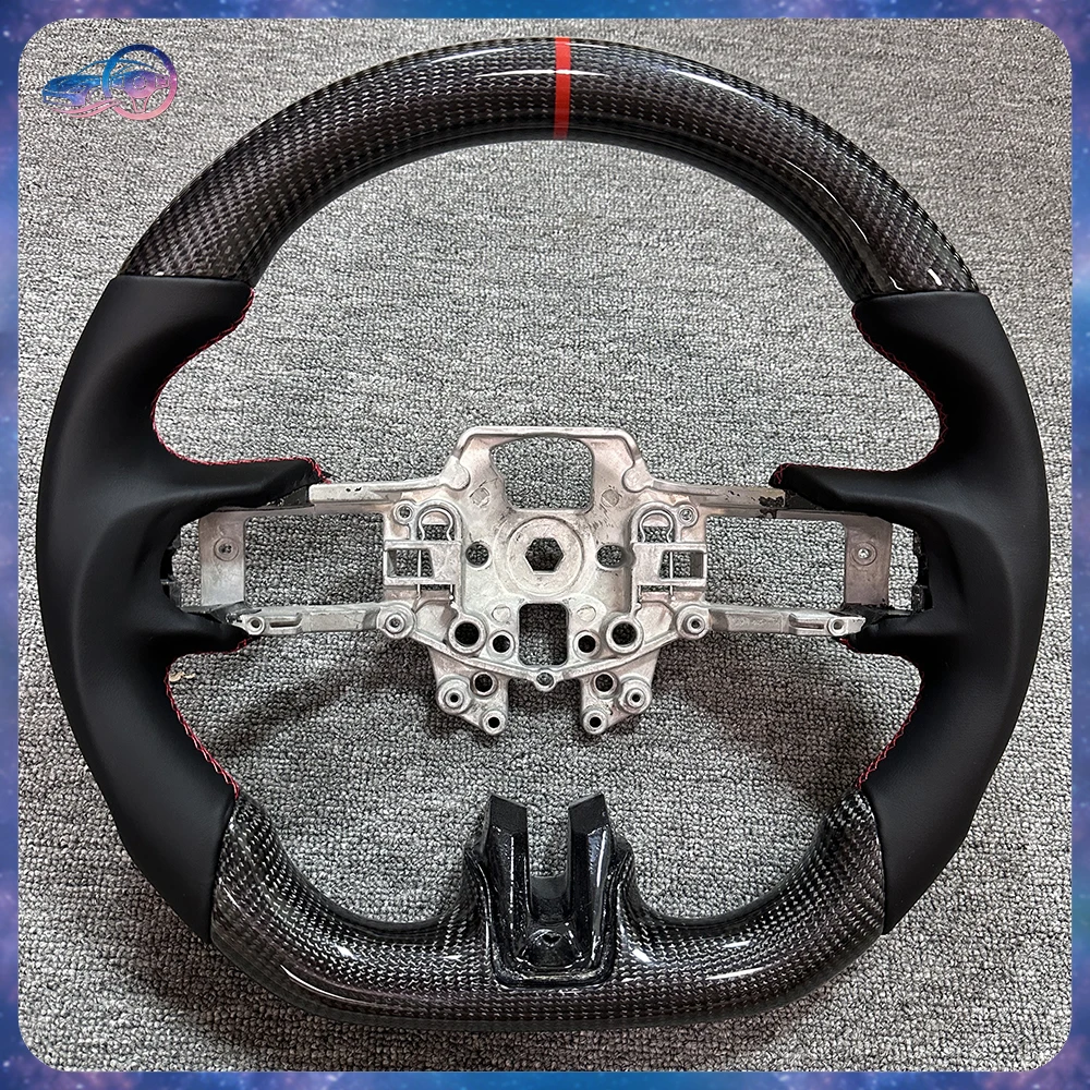 For Ford Mustang Carbon Fiber Steering Wheel Red Style Perforated Leather Flat Bottom Sport Style GT Shelby Interior Upgrade view 2