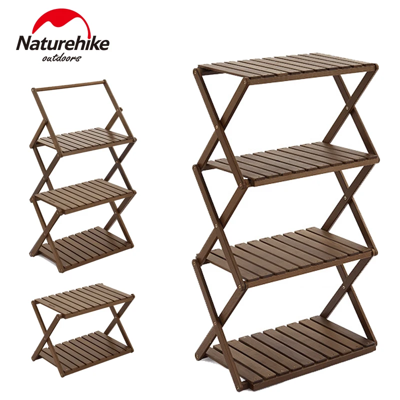 Naturehike Multi-layer Storage Rack Multi-function Folding Beech Wood Table Portable Camping Picnic Outdoor Shelf Desk Portable