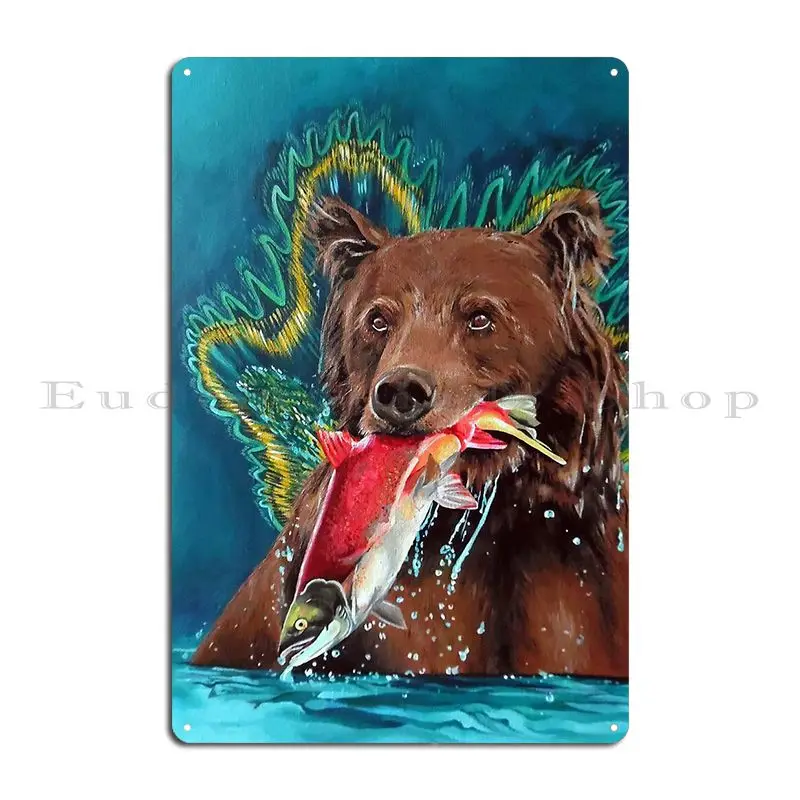 Brown Bear With Salmon Metal Signs Party Customized Mural Wall Decor Design Pub Tin Sign Poster