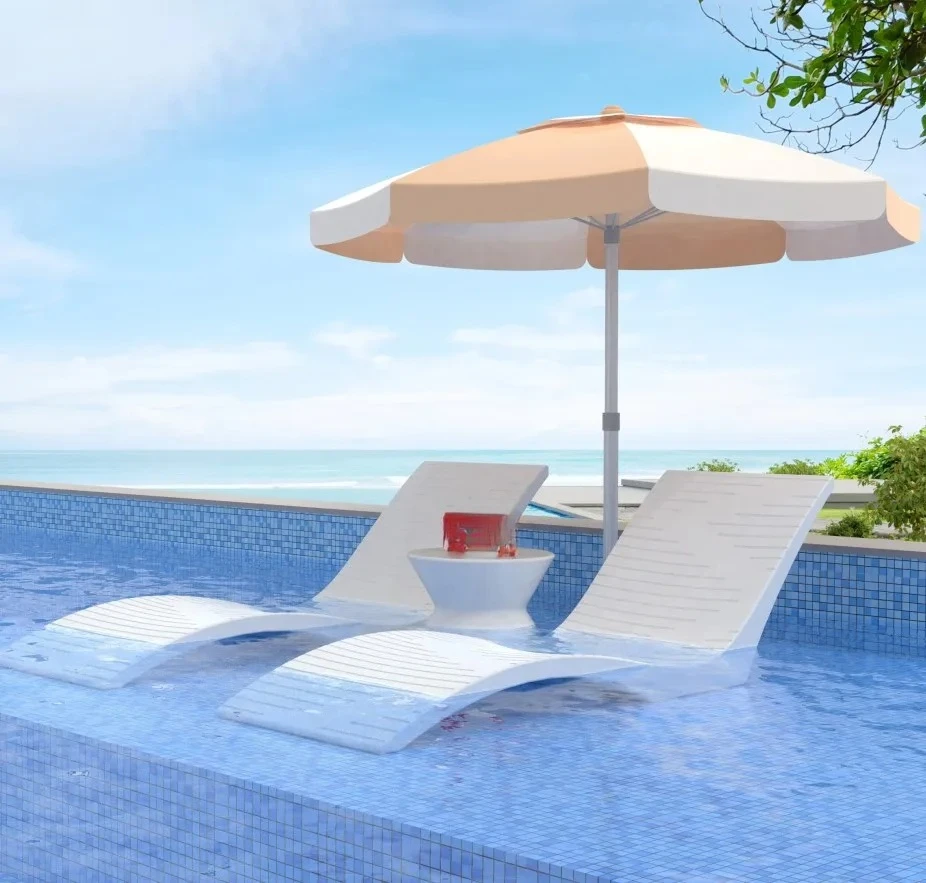 Plastic in Water Sun Lounger Edge In-Pool Lounge Chair Waterproof Ergonomic Chair Chaise Lounge Set of 2 for Hotel and Beach
