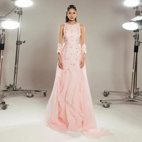 Vestido de noche de lujo para boda, vestido de noche de sirena con volantes y cuello redondo con chal, vestidos formales de trompeta sin mangas