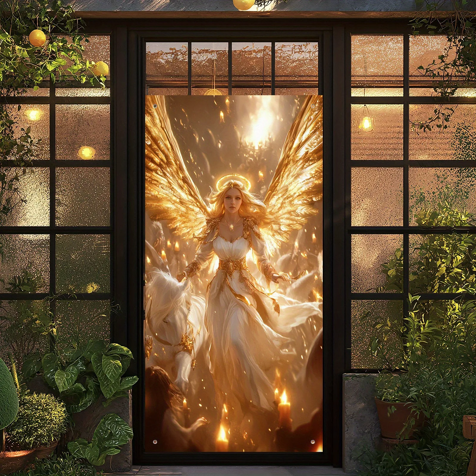 Golden Angel Warrior Door Cover Religious Christian Polyester Door Banner Wall Hanging Home Entrance Living Room Party Decor
