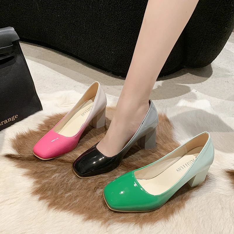 Aphixta 7.5cm Square Tou Patent Leather Shoes Women Pumps Gradient Color Thick Heels Party Shoes Super Big Plus Size 50