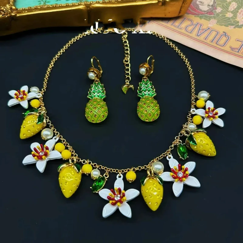 

Trendy Lily Flower Colored Fruit Necklace Set, Strawberry Pineapple Glass Pearl Yellow Beads Palace Vintage Enamel Standard Clip