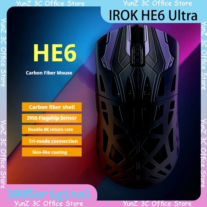 

IROK HE6 Ultra Lightweight Gaming Mouse Tri Mode Wireless 8000Hz Carbon Fibre Paw3950 for Valorant CS2 PC Accessories