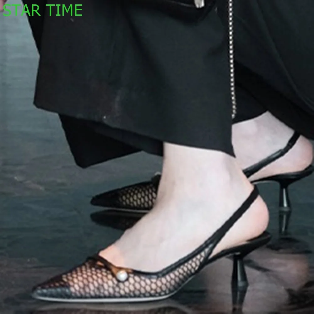 Mesh Pointed Toe Pearl Hollow Sandals 2024 Summer New Casual Back Strap Stiletto Sandals Solid Color Fashion Women High Heels