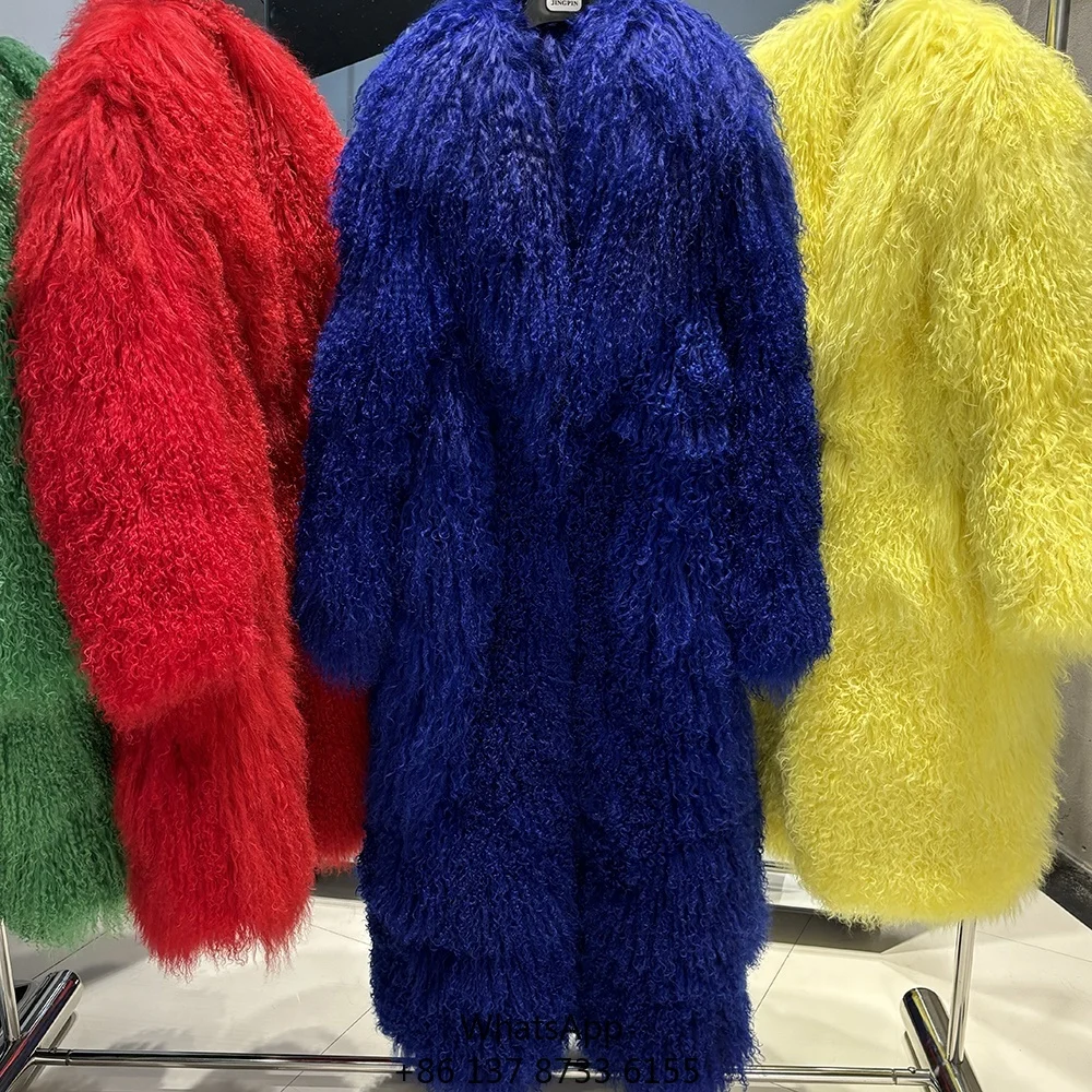 

Новое зимнее пальто из овечьей шерсти 2025 года, королевский синий цвет, монгольский мех, теплое, длинное, женское