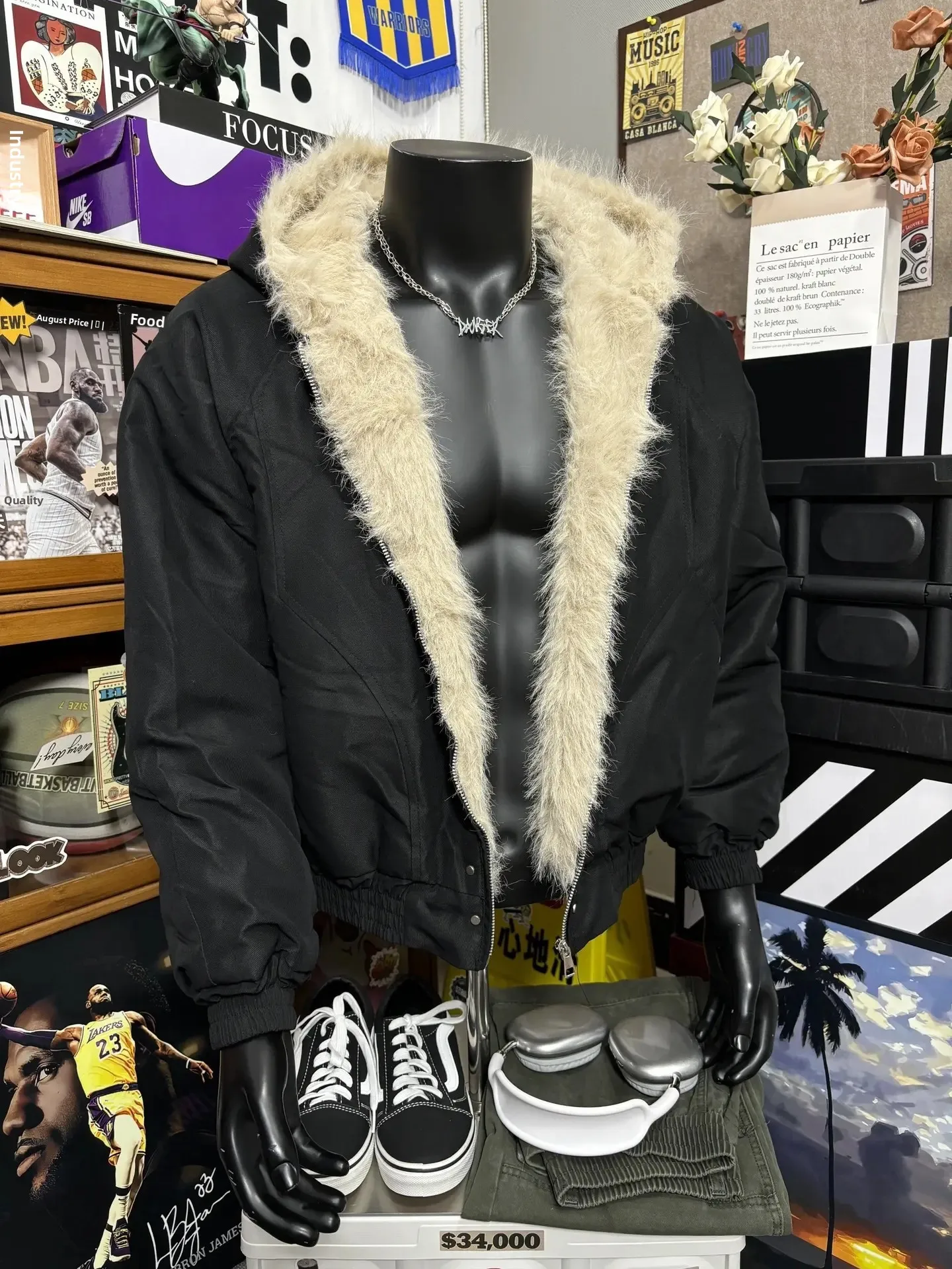 

Bla Hooded Thiened Faux Fur Collar Men's Cotton Jaet Warm Youth Faion Stand Fit Winter Coat Zipper Closure Long Sl...